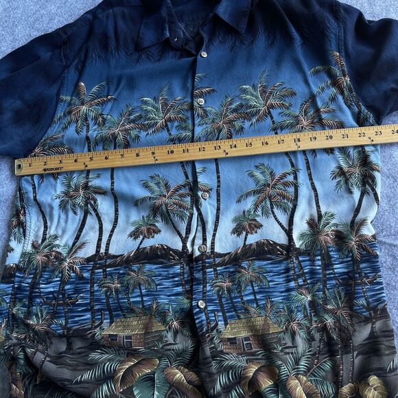 Pierre Cardin Hawaiian Shirt Mens Extra Large Blue Rayon Tropical Palm Tree Camp - Picture 10 of 11